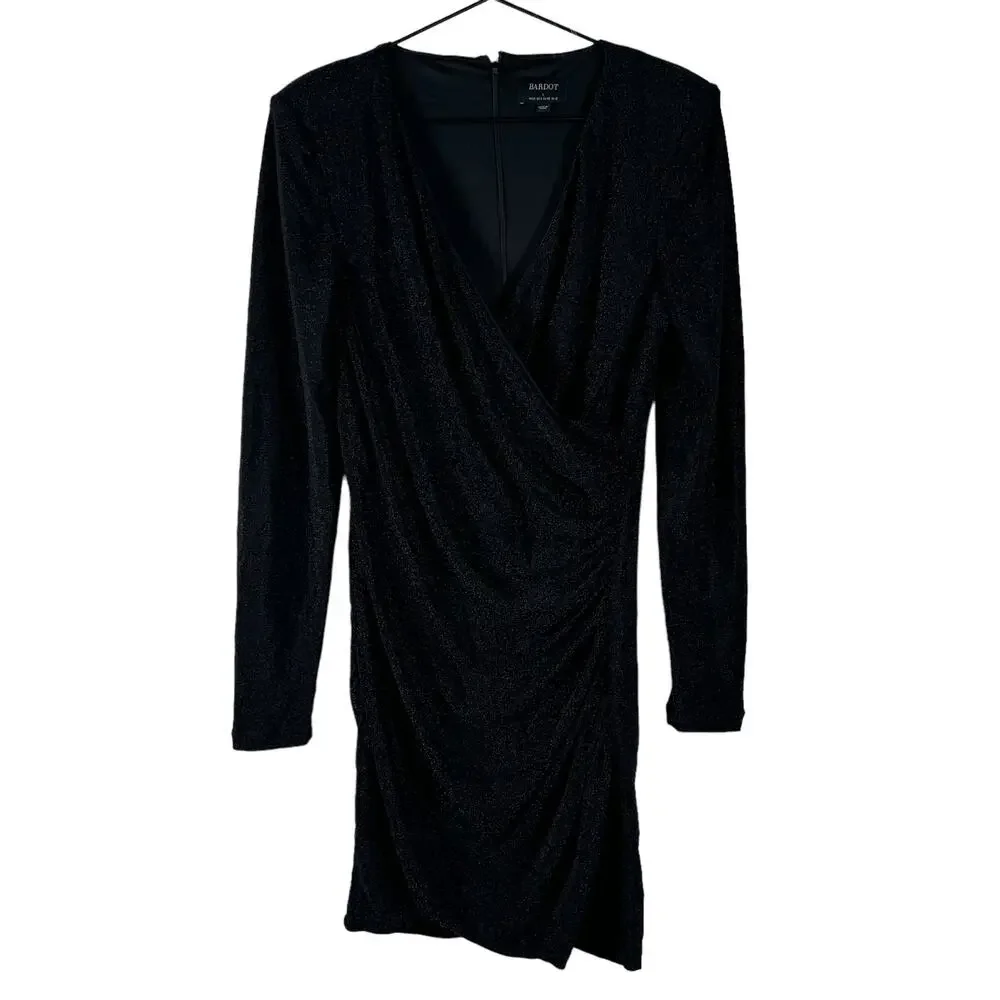 Bardot Womens Long Sleeve V Neck Short Dress Black Metallic Faux Wrap Large 8